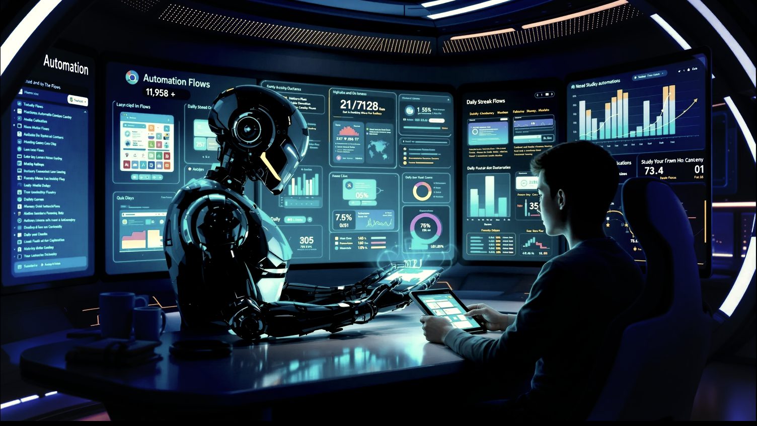 AI Automation Intelligence, robot and human working together at a futuristic dashboard
