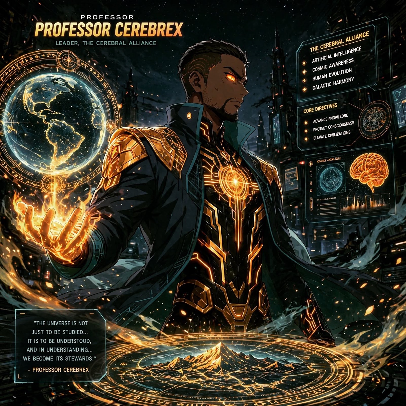 Professor Cerebrex, founder of CEREBREX PRIME, holding a glowing globe
